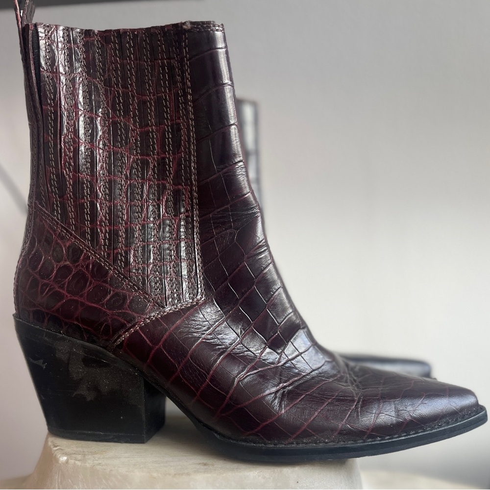 Zara Dark Burgundy Croc-Pattern Heeled Boots